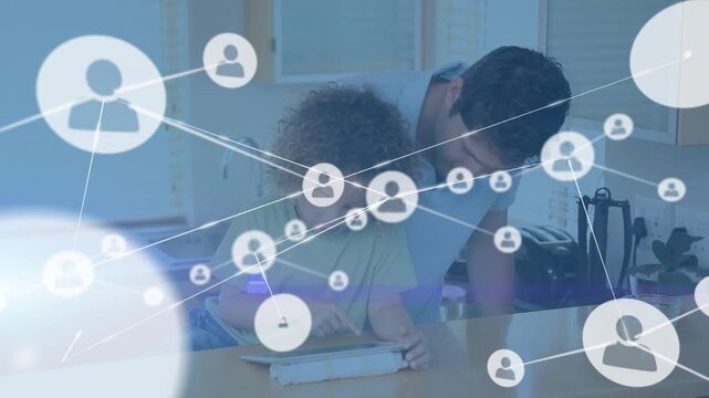 Animation of network of connections with icons over diverse man and his daughter using tablet