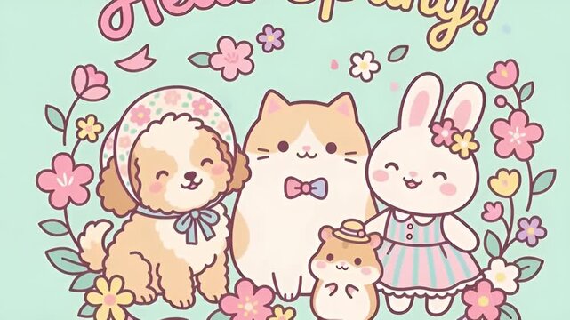 Hello spring cute animal illustration with flowers, hello spring cute animal illustration in pastel style, hello spring cute animal illustration for seasonal greeting design 