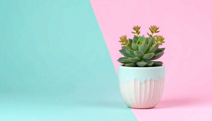 Naklejka premium Small Green Succulent Plant in a Ceramic Pot on a Minimalist Pastel Pink and Blue Background, Natural Houseplant Interior Decoration for Home Office, Modern Botanical Still Life