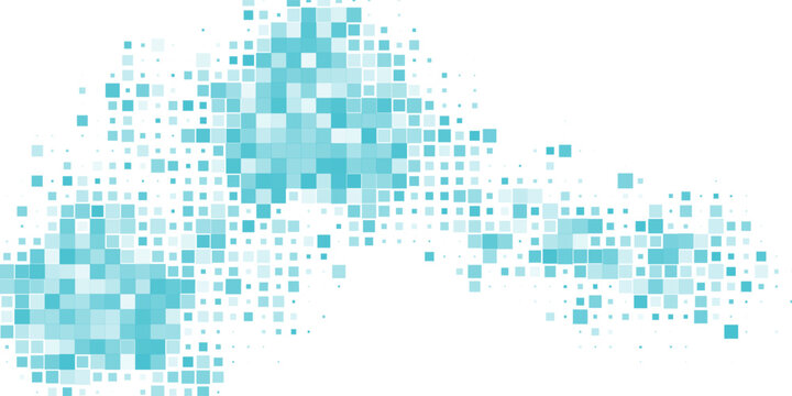 Abstract blue pixel mosaic background with scattered square elements forming a dynamic digital pattern on white space