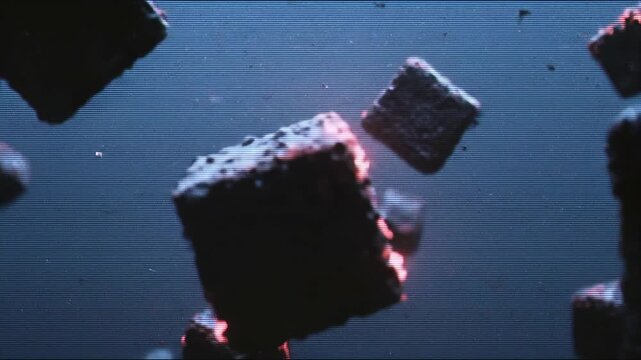 Floating dark cubes in blue space with red glowing edges. Abstract geometric animation sequence evoking 80s and 90s VHS aesthetics.