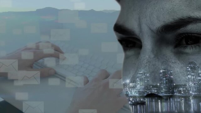 Animation of envelopes and face with cityscape over hands using computer