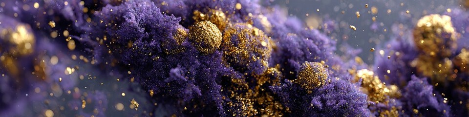 Fototapeta premium Enchanting Dreamscape Golden Particles Glitter and Dance on Rich Dark Purple Velvet Background