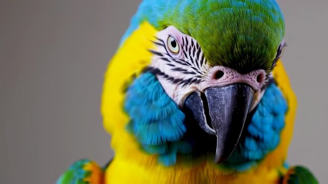 A vibrant macaw close-up showcases striking plumage in blue, yellow, green, and black. The bird stares straight ahead