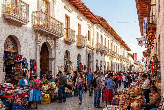 Fotograf&iacute;a de una concurrida calle peatonal en el centro hist&oacute;rico de Arequipa, mostrando tiendas de artesan&iacute;as con textiles andinos y cer&aacute;micas en la base de edificios coloniales de sillar blanco 