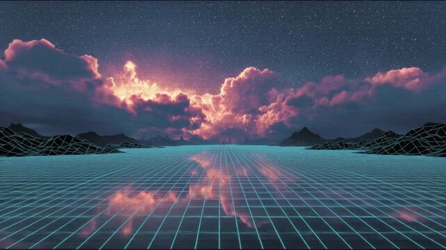 Dramatic sunset sequence over retro grid landscape. Glowing orange clouds in night sky with mountains and blue reflections. VHS aesthetic cyber horizon evolving from dusk to peak light.