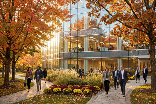 Fotograf&iacute;a de profesionales caminando por los senderos de un parque empresarial moderno durante el oto&ntilde;o, frente a un edificio de oficinas con fachada de cristal curva que refleja el follaje dorado 