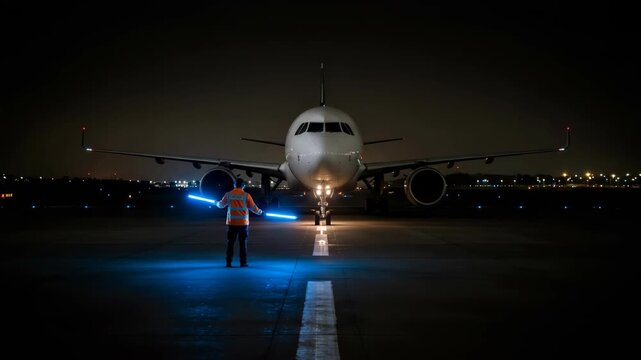 Airplane Marshalling on Airport Runway at Night with Blue Ground Lights and Aviation Professional in Orange Vest