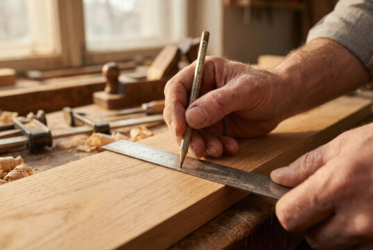 Primer plano de las manos de un artesano utilizando un l&aacute;piz y una regla met&aacute;lica para marcar medidas sobre una tabla de madera, con herramientas de carpinter&iacute;a y virutas esparcidas en un taller ilumi