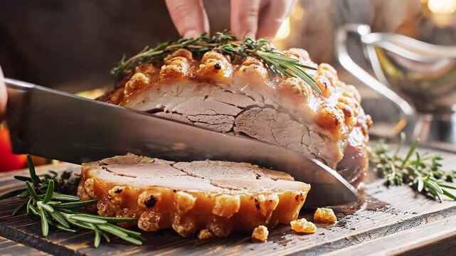 Cooked meat steaming with golden crispy skin and fragrant herbs on a rustic wooden board