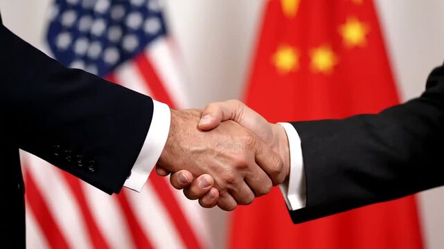 handshake between representatives of the usa and china against the background of national flags symbolizing diplomatic relations international cooperation and political dialogue