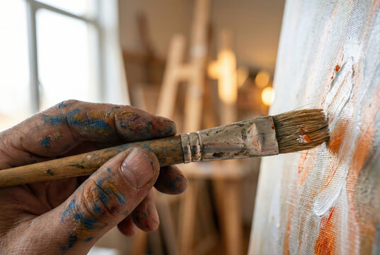 Una mano manchada con restos de pintura azul y ocre sostiene con firmeza un pincel de cerdas naturales, aplicando una densa pincelada de &oacute;leo blanco y naranja sobre la textura rugosa de un lienzo, en 