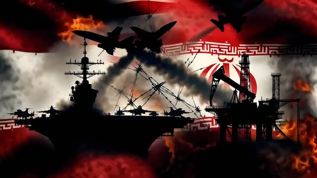 military collage with usa and iran flags aircraft carrier fighter jets and oil rig with explosions