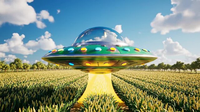 UFO Gleaming disc shaped craft hovering over a vibrant green crop field on a sunny day