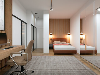 Wood Accent Bedroom with Desk 3d Rendering