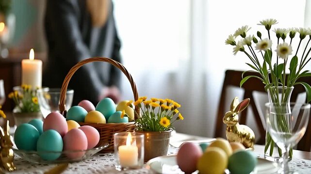 man in a gray suit puts a large wicker basket with colorful easter eggs on a festively decorated dining table among burning candles and delicate spring yellow flowers in small pots