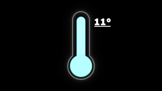 Neon Celsius thermometer displayed temperature 11 degree. Thermometer equipment showing hot or cold weather. 4K Video motion graphic animation.