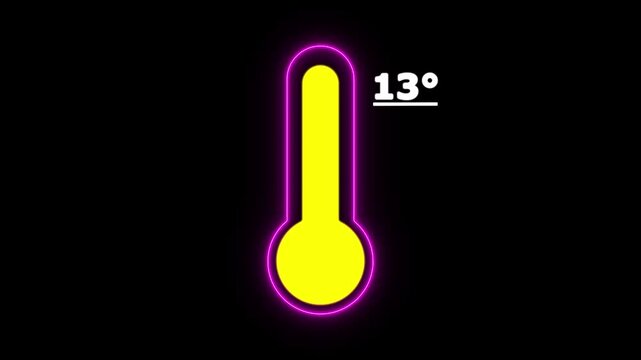 Neon Celsius thermometer displayed temperature 13 degree. Thermometer equipment showing hot or cold weather. 4K Video motion graphic animation.