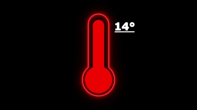 Neon Celsius thermometer displayed temperature 14 degree. Thermometer equipment showing hot or cold weather. 4K Video motion graphic animation.