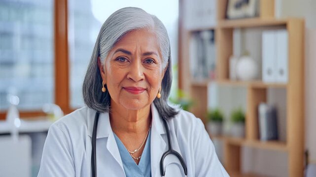 Portrait of a smiling senior female doctor with stethoscope in a medical office setting