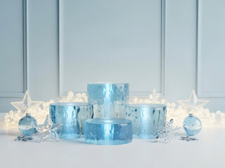 Winter Themed Product Display Featuring Four Tiered Icy Blue Cylindrical Podiums Surrounded By Glass Ornaments And Glowing Lights Against A Pale Blue Wall Product Placement