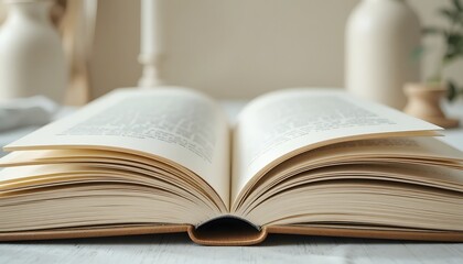 Obraz premium An open book lies flat on a serene table setting indoors with soft lighting