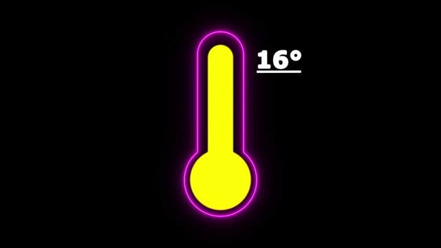 Neon Celsius thermometer displayed temperature 16 degree. Thermometer equipment showing hot or cold weather. 4K Video motion graphic animation.