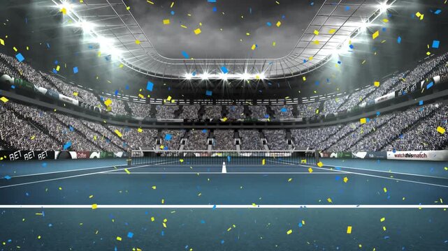Animation of confetti falling over tennis court sports stadium