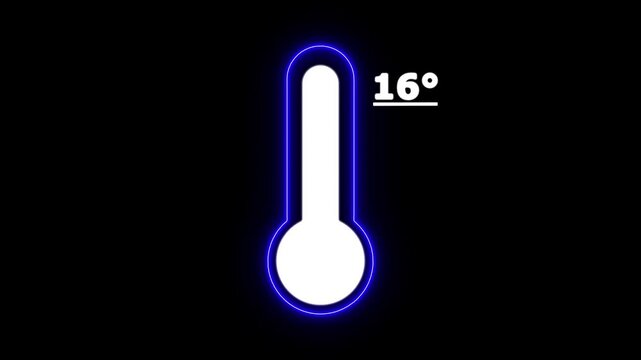Neon Celsius thermometer displayed temperature 16 degree. Thermometer equipment showing hot or cold weather. 4K Video motion graphic animation.