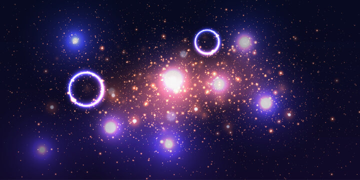 Cosmic energy field with luminous particles and light rings.