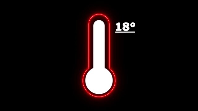 Neon Celsius thermometer displayed temperature 18 degree. Thermometer equipment showing hot or cold weather. 4K Video motion graphic animation.
