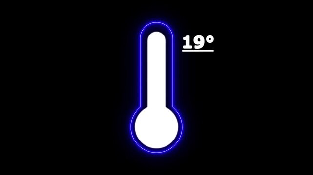 Neon Celsius thermometer displayed temperature 19 degree. Thermometer equipment showing hot or cold weather. 4K Video motion graphic animation.