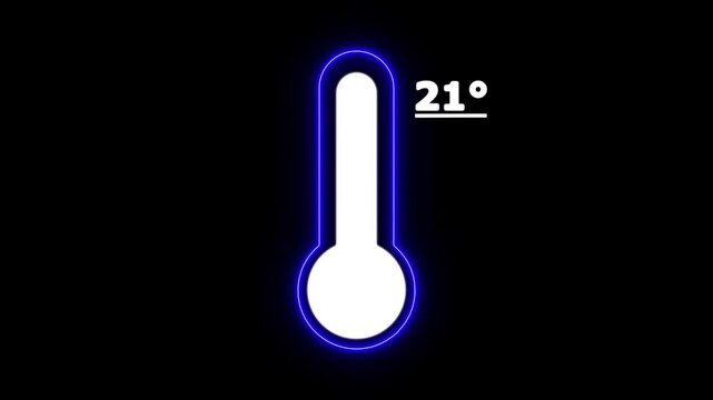 Neon Celsius thermometer displayed temperature 21 degree. Thermometer equipment showing hot or cold weather. 4K Video motion graphic animation.