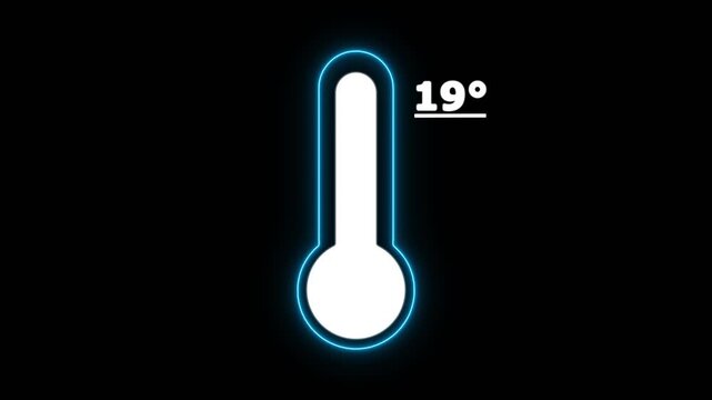 Neon Celsius thermometer displayed temperature 19 degree. Thermometer equipment showing hot or cold weather. 4K Video motion graphic animation.