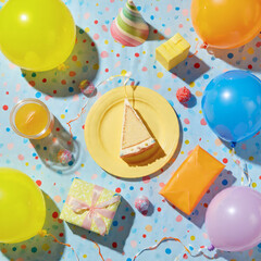 Aerial View Of A Festive Party Table Featuring A Slice Of Cake On A Yellow Plate Surrounded By Colorful Balloons Gift Boxes And Confetti