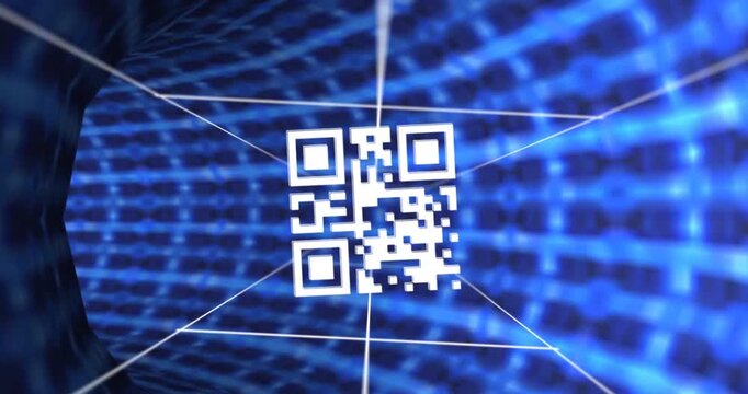 Animation of flickering qr code over tunel of neon lights