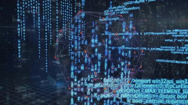 Animation of connected icons forming globe over lens flare and programming language