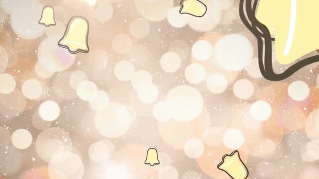 Animation of snow and christmas bell icons falling over spots of light against yellow background