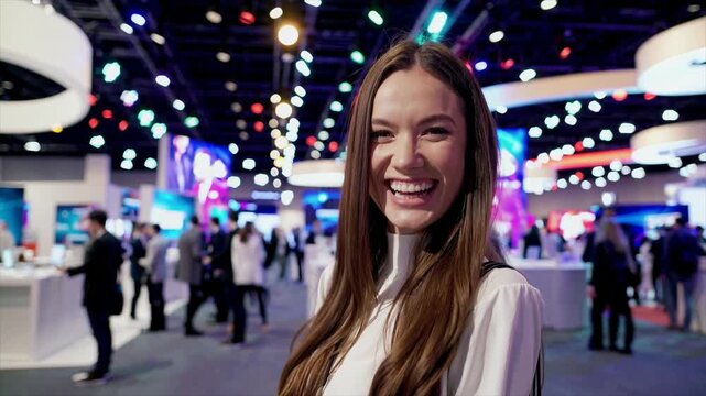 Woman presenting and inviting at a technology exhibition