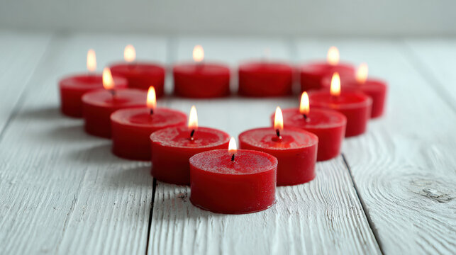 Red tea light candles arranged in heart shape on white wooden surface, romantic Valentine's Day decoration with warm candlelight for love celebration and cozy intimate atmosphere design