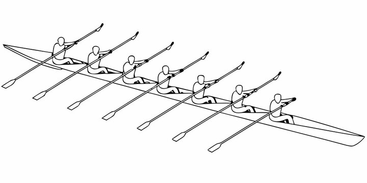 A black and white illustration depicting a rowing team in a shell
