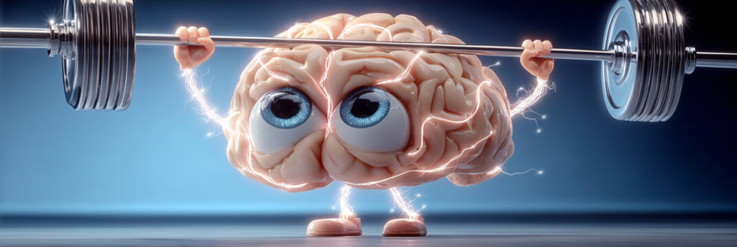 Full Figure of a Hyper-realistic 3D Pink Human Brain Lifting a Reflective Steel Barbell with Glowing Neural Connections and Blue Eyes on a Blurred Clean Blue Background with Copy Space. Generative Ai.