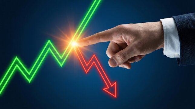 Hand touching stock market chart changing from green growth to red downturn arrow concept