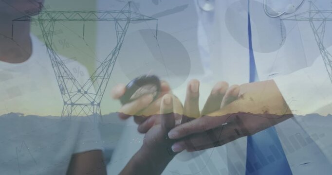 Animation of data processing over african american male patient getting his blood sugar tested