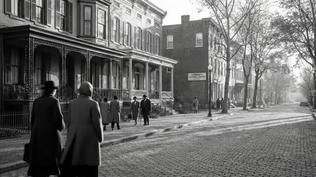 Historical street life scene with african american people walking past community cultural center, showcasing black heritage and urban activity