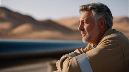 Fototapeta premium Sustainable energy planning includes monitoring a pipeline operating in desert regions, ensuring safety, efficiency, and environmental protection. cinematic color correction, natural uneven