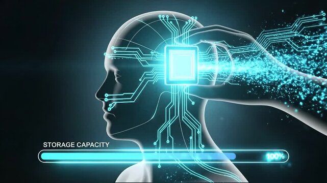Cognitive Enhancement: A digital representation shows a glowing circuit board integrated into a human mind, symbolizing technological advancements in cognitive function and intelligence. 