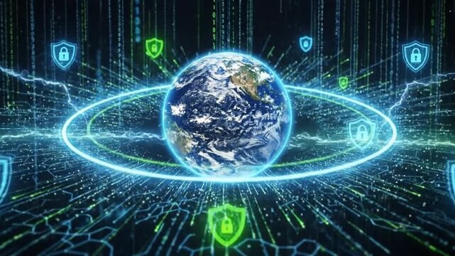 Global cybersecurity concept with digital earth, shield icons, and binary code streams.