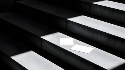 Obraz premium Two blank business cards on concrete stairs with sunlight