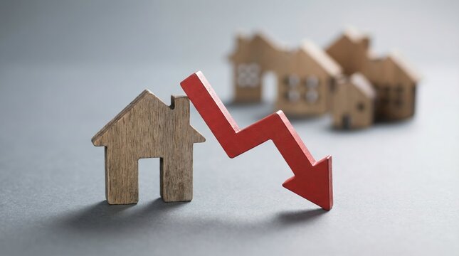 Real estate market crash concept with red arrow falling down on wooden house model causing crisis